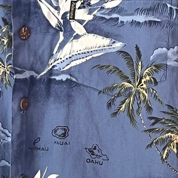 Vintage Hawaiian Shirt Men’s Medium Blue Short Sleeve Island and Palm Tree Print - Picture 2 of 8
